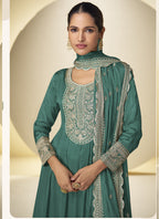Vegaa Fashion Rama Green Chinon Silk Embroidered Designer Salwar Palazzo Suit - Distacart