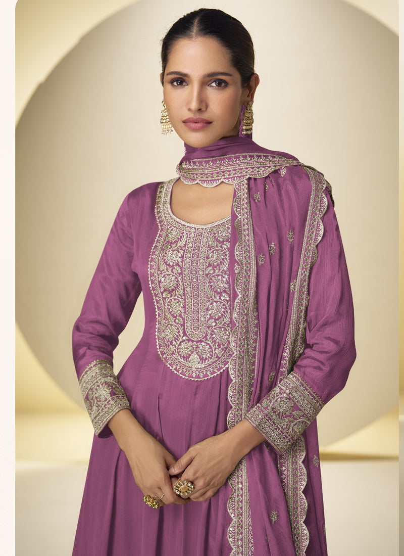 Vegaa Fashion Onion Pink Chinon Silk Embroidered Designer Salwar Palazzo Suit - Distacart