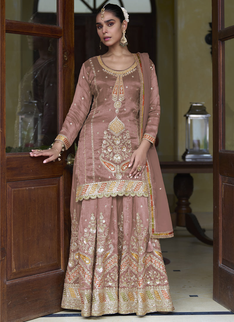 Vegaa Fashion Light Brown Shimmer Silk Embroidered Designer Salwar Palazzo Suit - Distacart