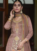 Vegaa Fashion Light Brown Shimmer Silk Embroidered Designer Salwar Palazzo Suit - Distacart
