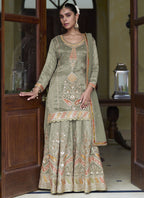 Vegaa Fashion Light Mehendi Shimmer Silk Embroidered Designer Salwar Palazzo Suit - Distacart