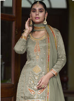 Vegaa Fashion Light Mehendi Shimmer Silk Embroidered Designer Salwar Palazzo Suit - Distacart
