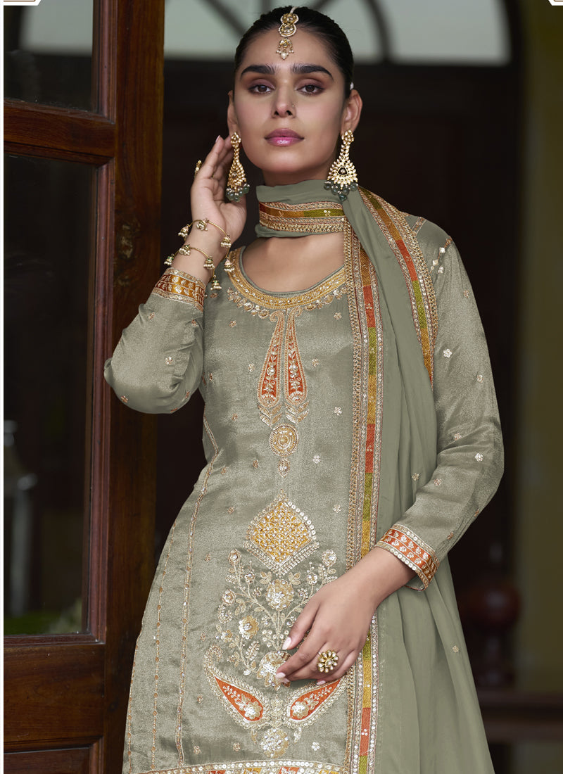 Vegaa Fashion Light Mehendi Shimmer Silk Embroidered Designer Salwar Palazzo Suit - Distacart