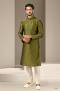 Raivat Ethnic Banarasi Art Silk Mirror Work Kurta Pajama In Green Colour