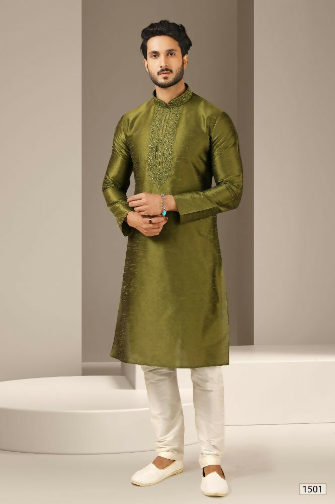 Raivat Ethnic Banarasi Art Silk Mirror Work Kurta Pajama In Green Colour