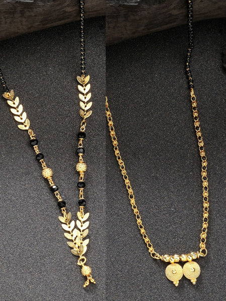 NVR Women's Set of 2 Gold-Polished Black Beaded Mangalsutra