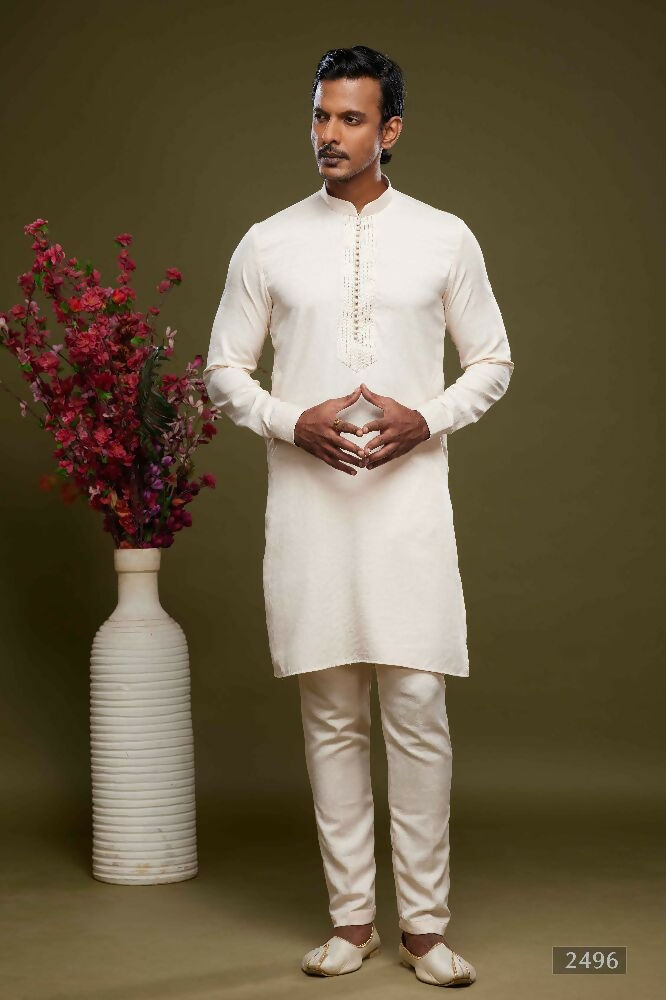 Raivat Ethnic Art Banarasi Silk Thread Work Kurta Pajama In Cream Colour