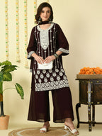 Myshka Women's Coffee Brown Georgette Kurta & Palazzos With Dupatta Party Sets