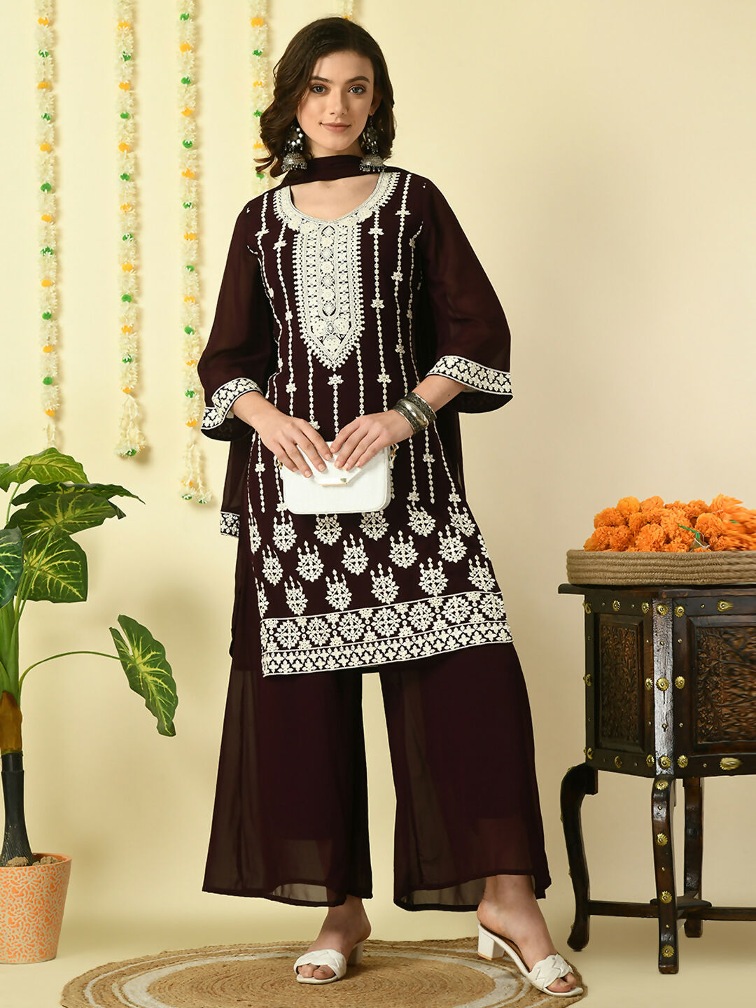 Myshka Women's Coffee Brown Georgette Kurta & Palazzos With Dupatta Party Sets