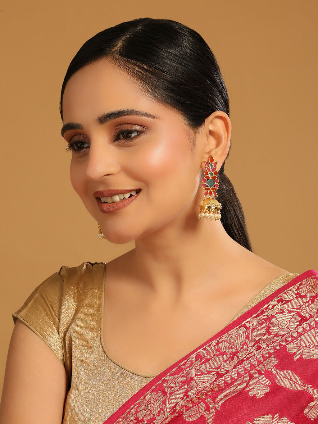 Nuyug 22K Gold-Plated Enamel & Beaded Dome Shaped Jhumka Earrings - Distacart