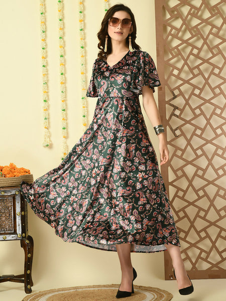 Myshka Women's Multi Printed Velvet Party Dress