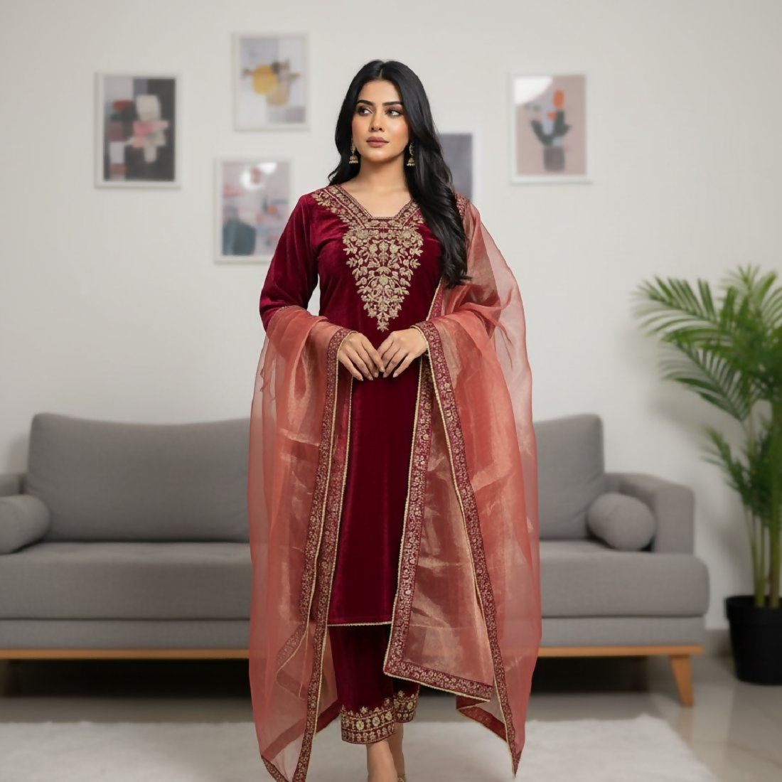 Joban Fashion Maroon Kurta Set Velvet Embroidery Sequence Work - Distacart