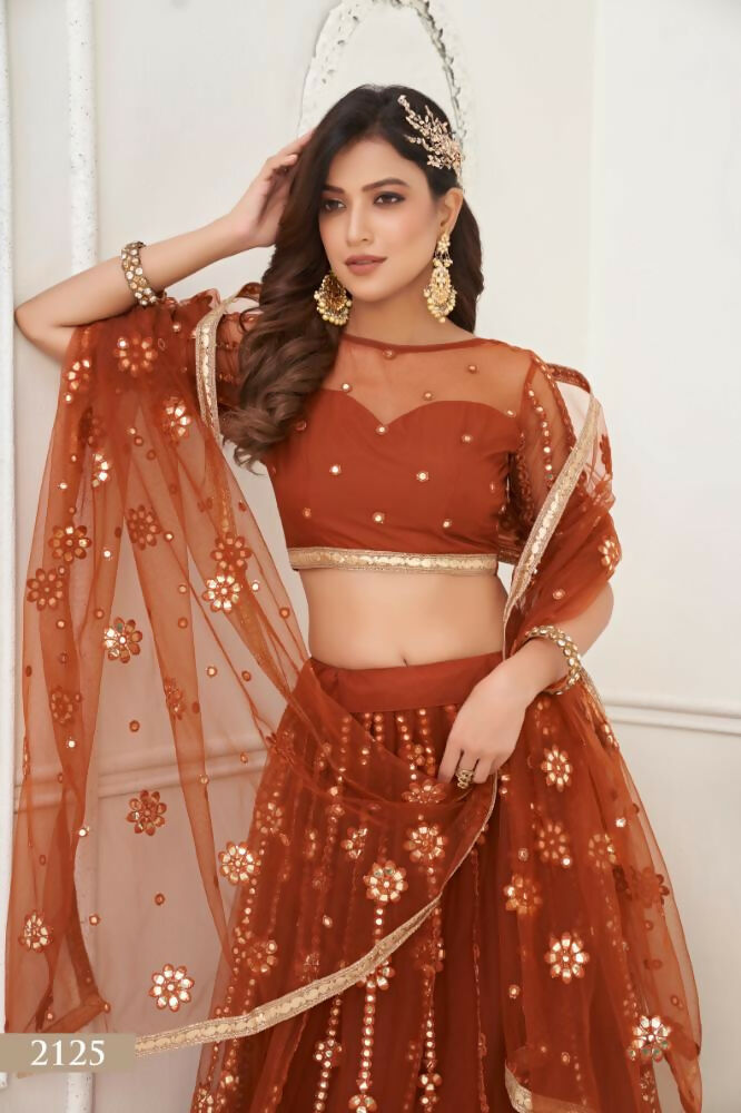 Aastha Fashion Brown Butterfly Net Tone To Tone Thread Work And Mirror Work Embroidery Wedding Wear Lehenga Choli