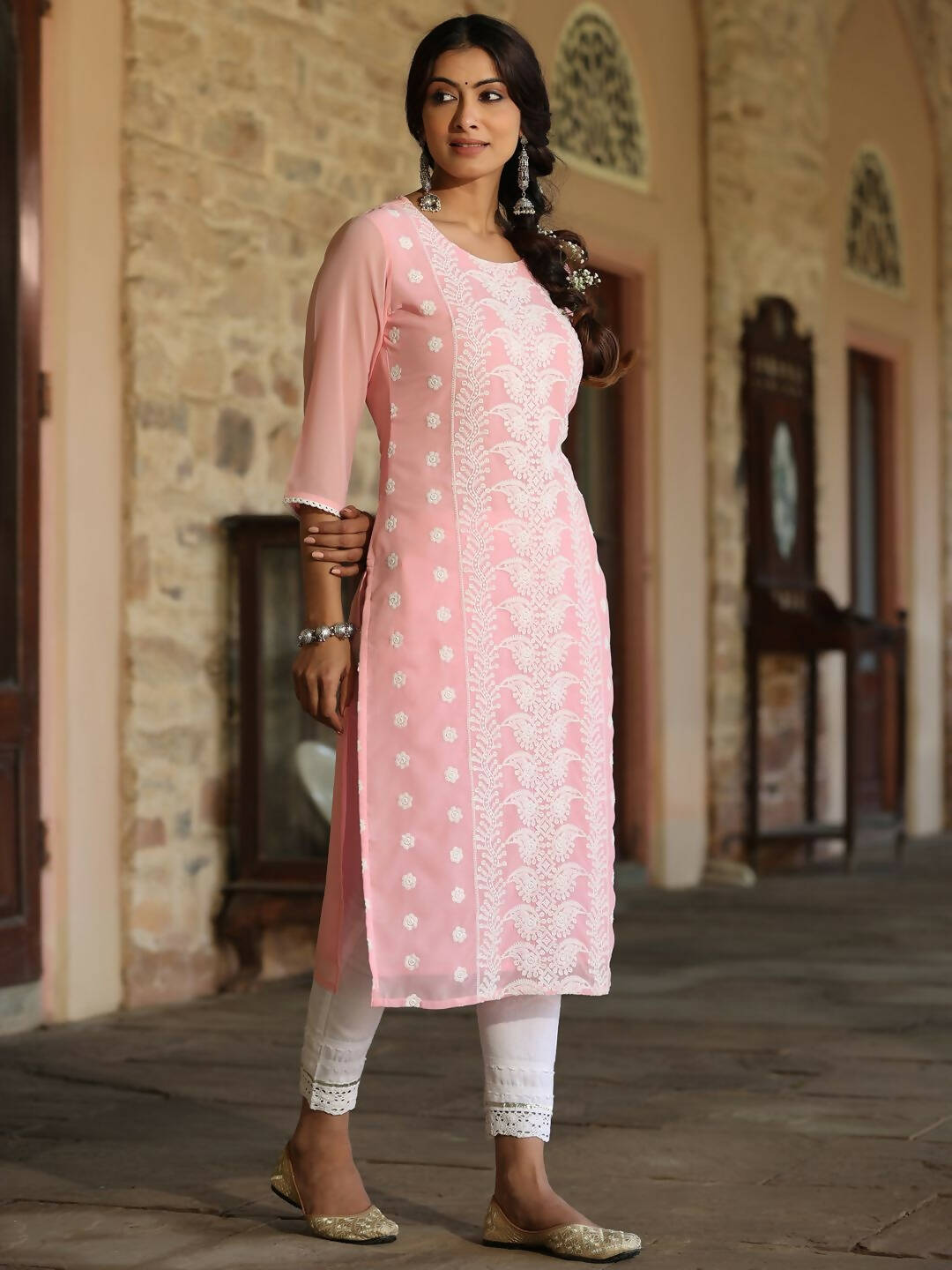 Juniper Women's Pink Georgette Printed Kurta - Distacart