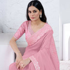 Light Pink Crepe Shimmer Silk Diamond With Hand Work Saree With Unstitched Blouse - Norita Swaraa