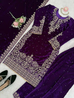 Vastranavya Purple Viscose Velvet Cording Sequence With Moti Work Top-Bottom With Dupatta - Distacart