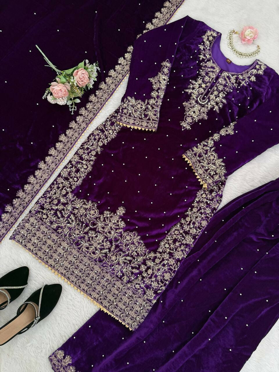 Vastranavya Purple Viscose Velvet Cording Sequence With Moti Work Top-Bottom With Dupatta - Distacart