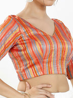 Joban Fashion Orange Multi Brocade Padded Blouse With V Neck Elbow Sleeves - Distacart