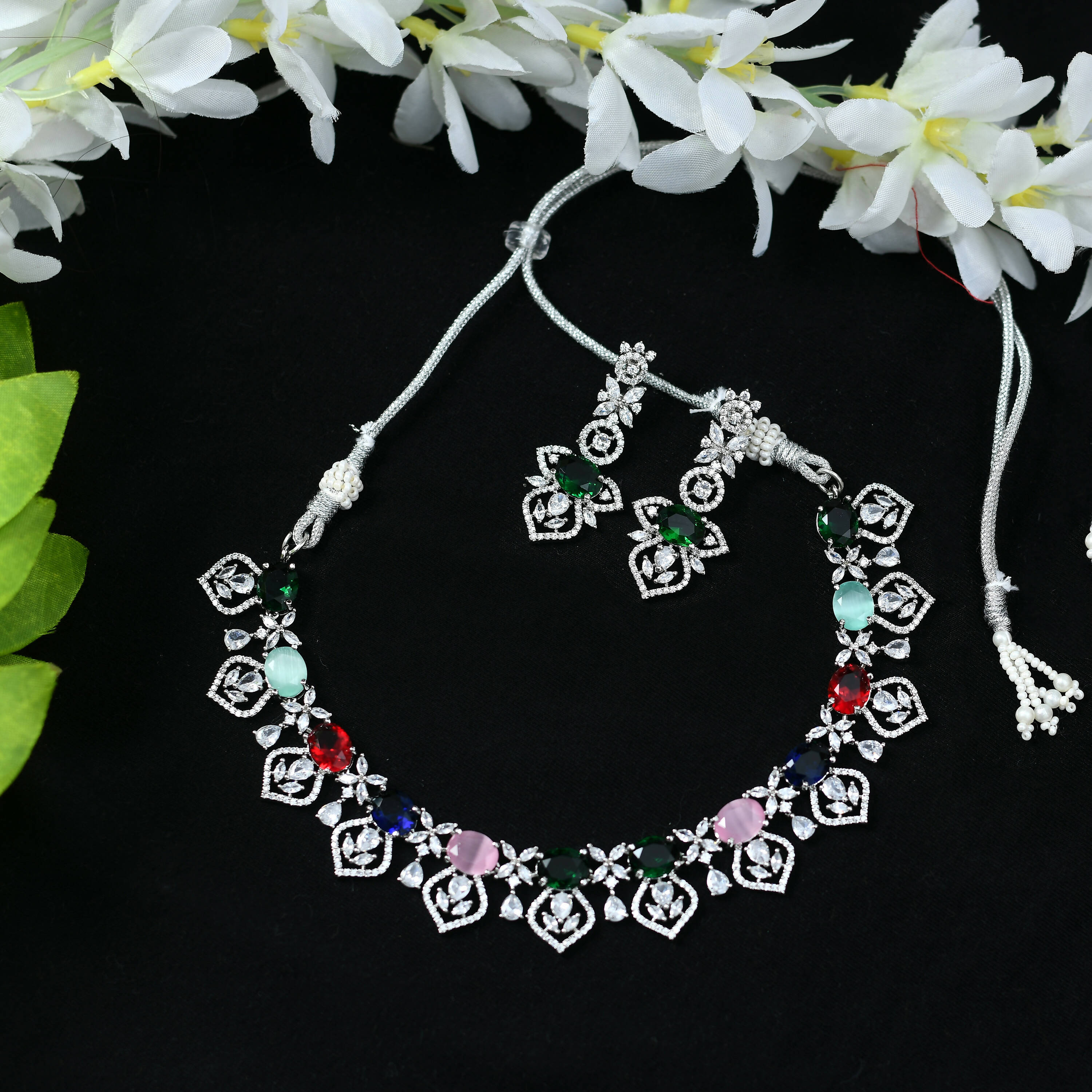 Mominos Fashion Johar Kamal Silver-Plated American Diamond Multi Colour Choker Set - Distacart