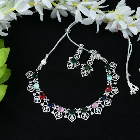Mominos Fashion Johar Kamal Silver-Plated American Diamond Multi Colour Choker Set