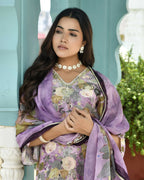 Vaasva Women's Purple Tissue Gota Embroidered Suit Set With Solid Pant And Embroidered Dupatta
