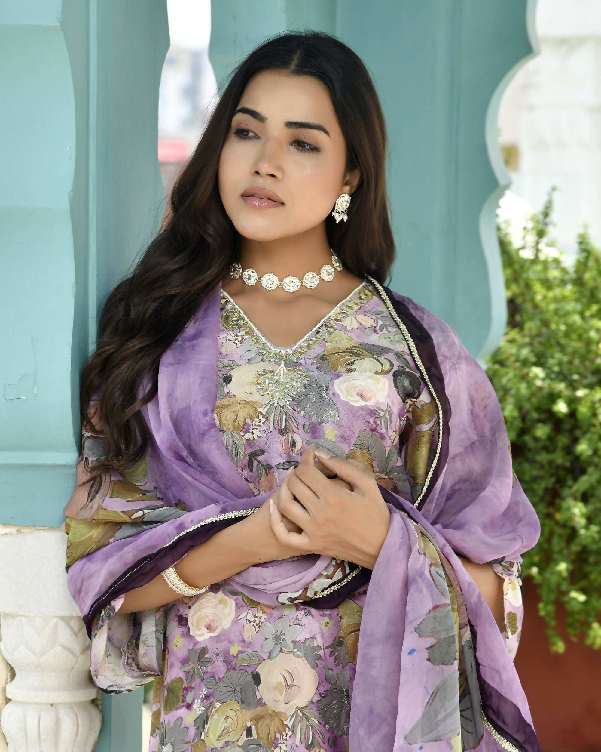Vaasva Women's Purple Tissue Gota Embroidered Suit Set With Solid Pant And Embroidered Dupatta