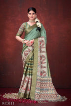 Green Poly Habotai Silk Foil Print Saree with Unstitched Blouse - Kathari