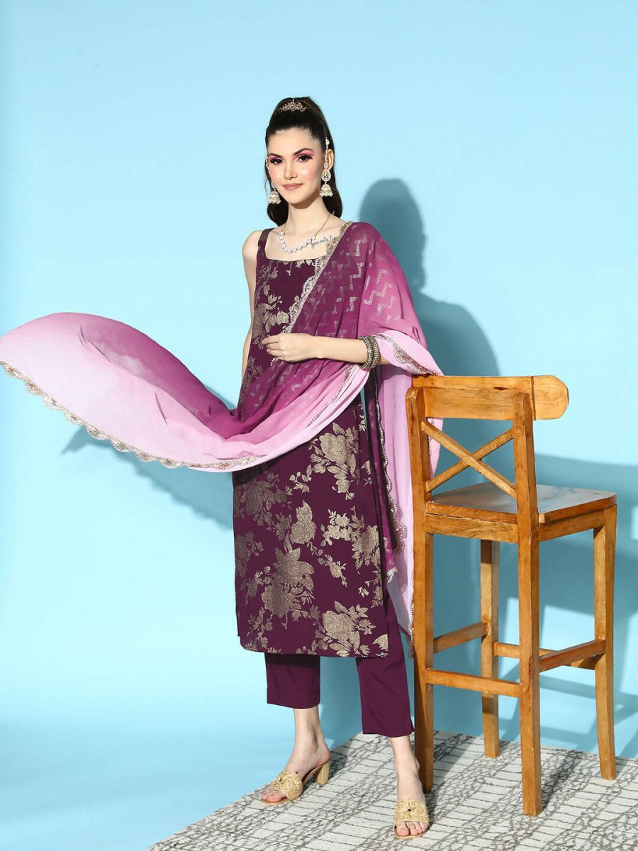 Ahalyaa Women's Wine Crepe Gold Smoke Printed Kurta Pant Set With Dupatta - Distacart