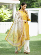 Juniper Mustard Mono Viscose Festive Wear Embroidered Straight Kurta Palazzo Dupatta Set - Distacart