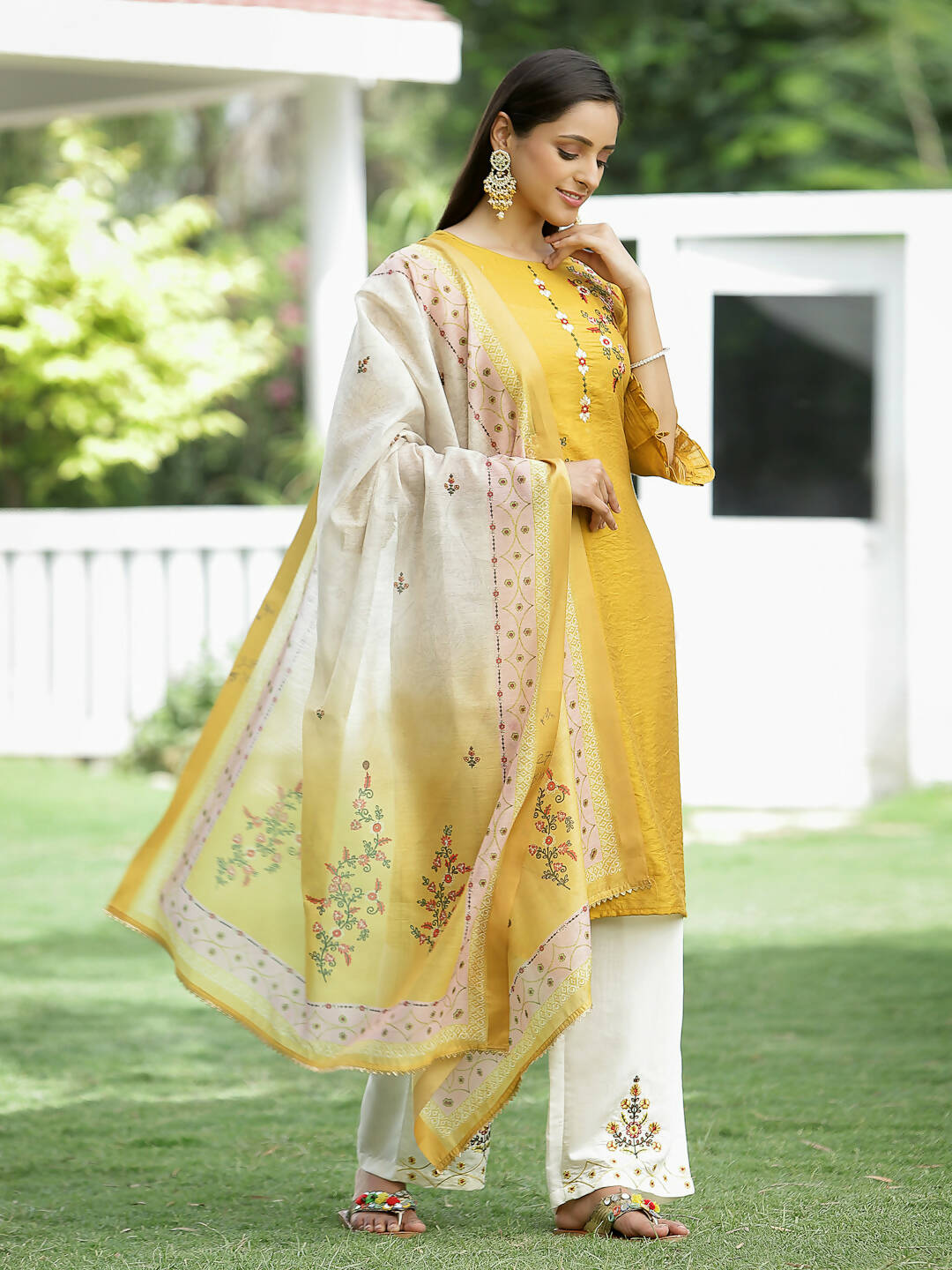Juniper Mustard Mono Viscose Festive Wear Embroidered Straight Kurta Palazzo Dupatta Set - Distacart