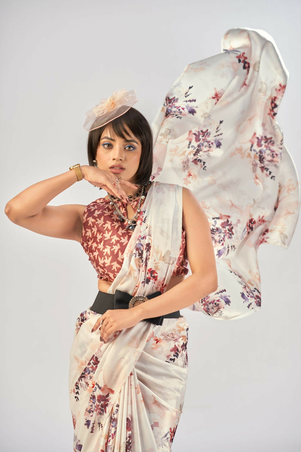 Vastranavya White Satin Silk Elegant Printed Saree with Unstitched Blouse - Distacart