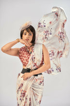 Vastranavya White Satin Silk Elegant Printed Saree with Unstitched Blouse - Distacart