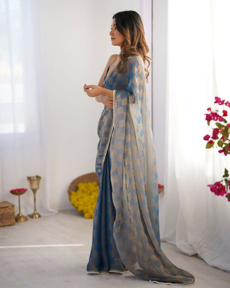 NC Chiffon Chex Wevon Chex Designer, Lace Party Wear Saree - Blue