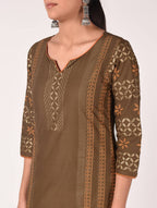 Cheera Hand Block Print Earth Brown Straight Kurta (MAAI-060K)