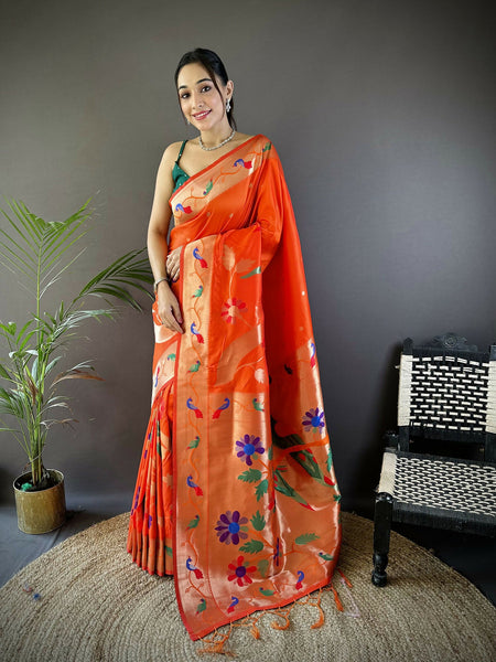 Joban Fashion Orange Zari Woven Floral Motifs Soft Silk Paithani Silk Saree