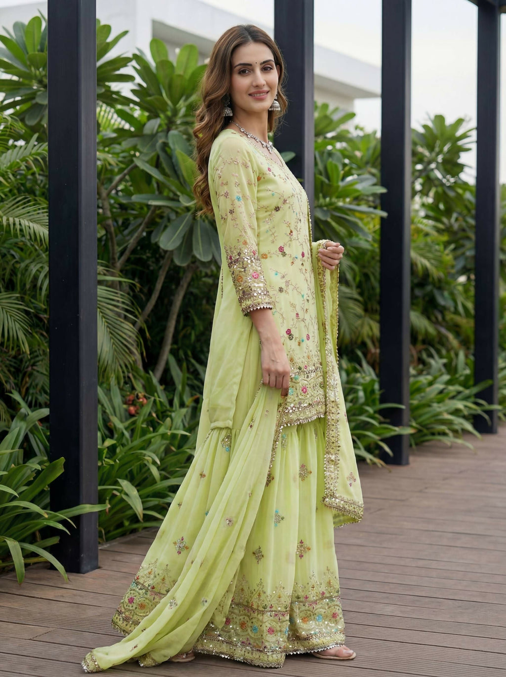 Teeya Creation Pista Faux Georgette Multi Thread Work Wedding Wear Sharara Set - Distacart