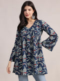 Aavyora Women's Navy Blue Cotton Tunic with Red and White Floral Print, Pin-Tuck Detailing, and Flared Sleeves