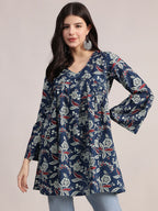 Aavyora Women's Navy Blue Cotton Tunic with Red and White Floral Print, Pin-Tuck Detailing, and Flared Sleeves