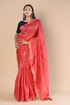 Very Much Indian Handloom Cotton Silk Maheshwari Saree With Sleek Golden Border - Red