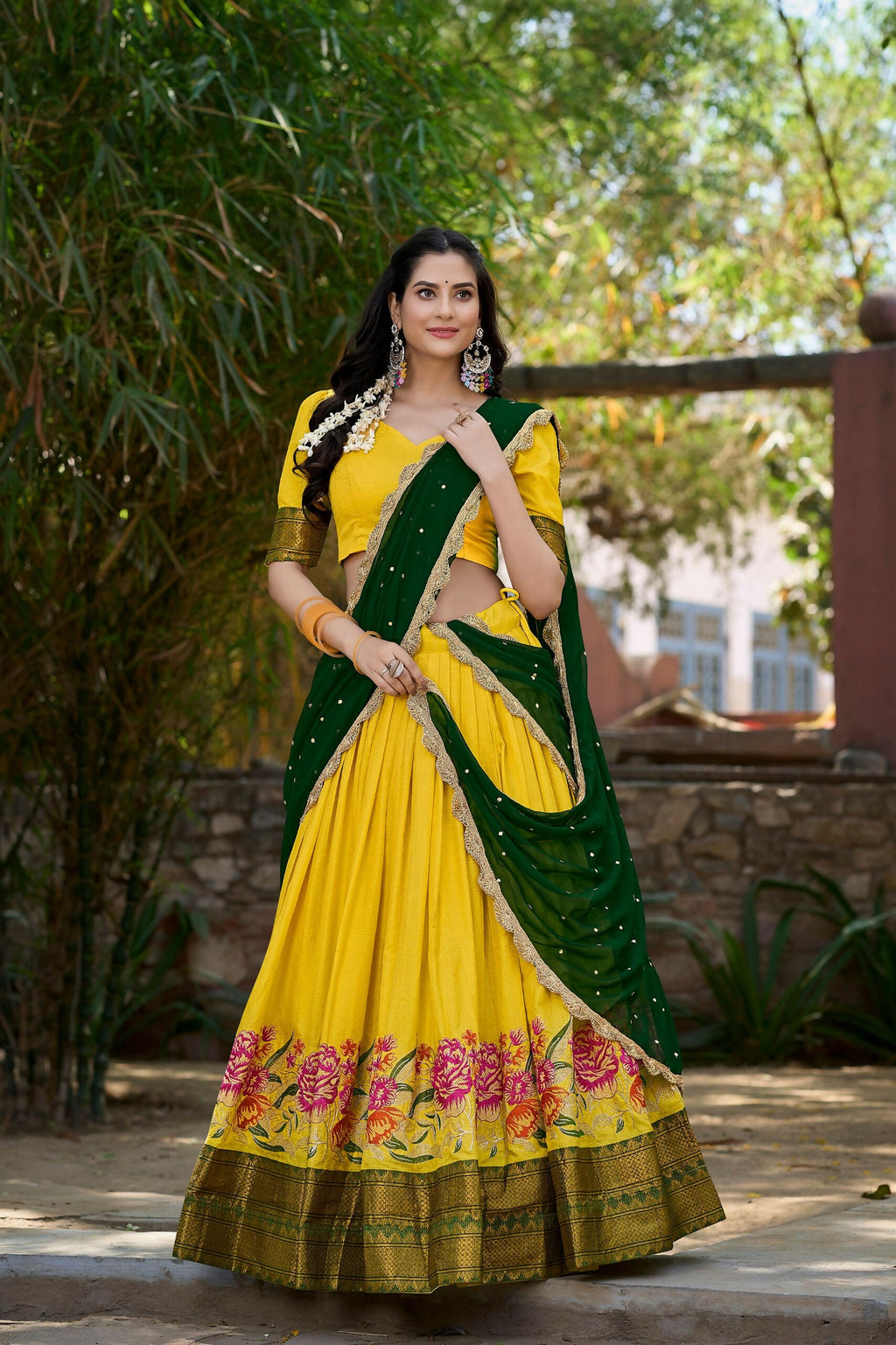 Vastranavya Stunning Cotton Silk Thread Embroidery Work Lehenga Choli - Yellow