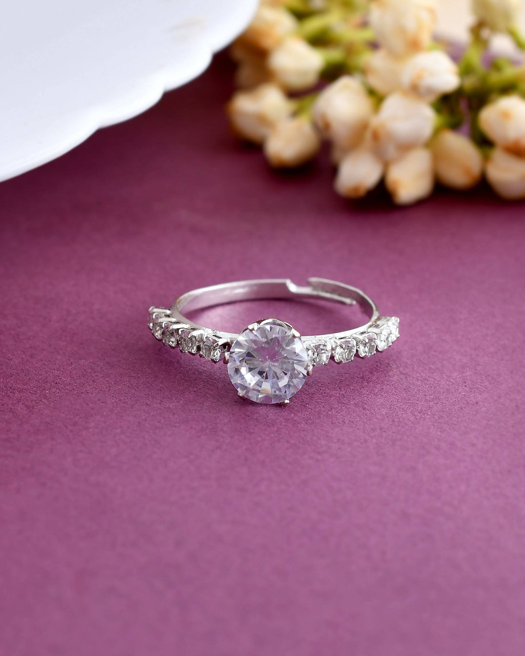 VOJ white CZ-detail Stainless Steel Cubic Zirconia Silver Plated Adjustable Finger Ring
