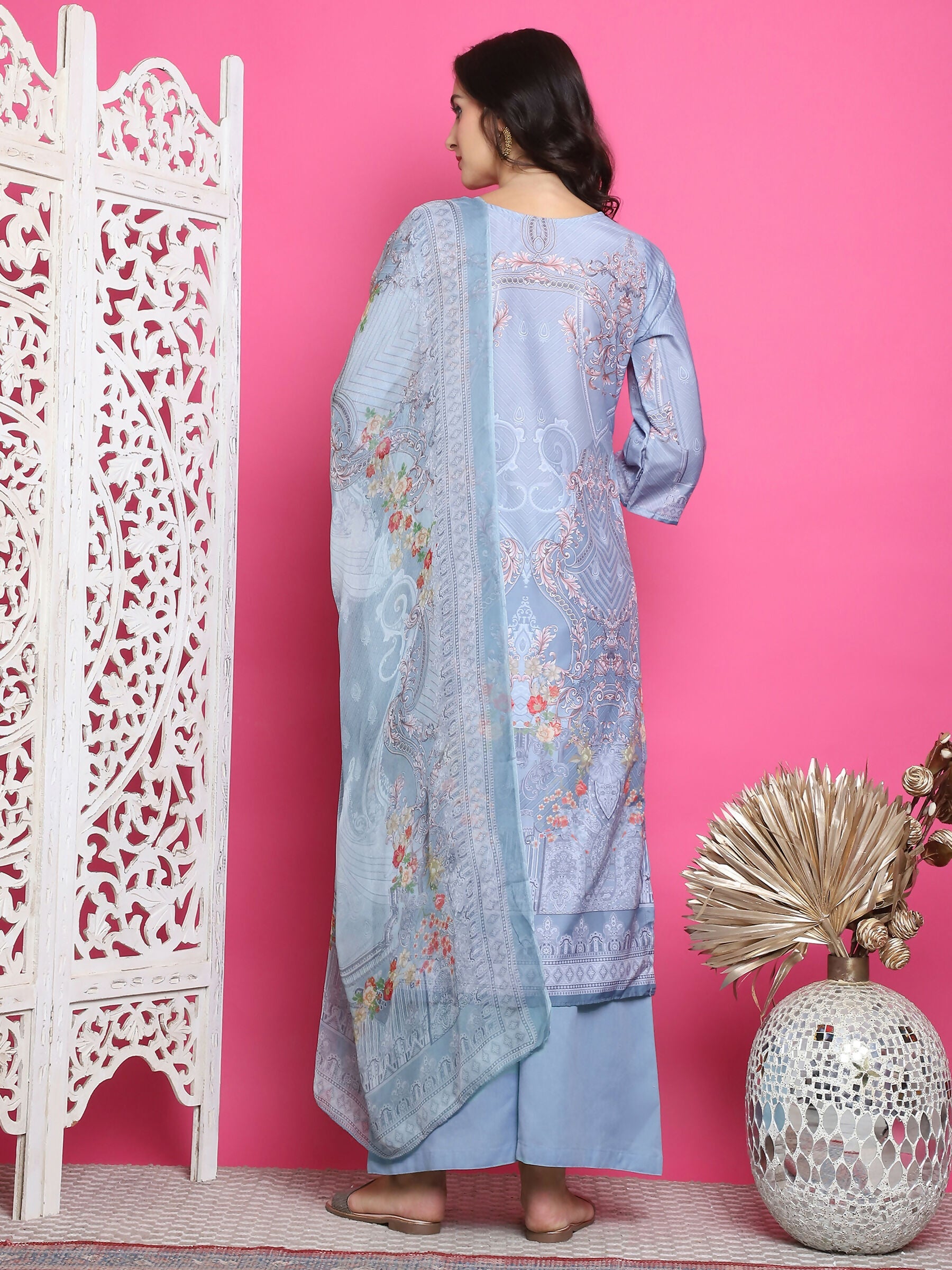 Jyoti Fashion Women's Grey Satin Traditional Digital Print with Crystal work Kurta with Trouser & Dupatta