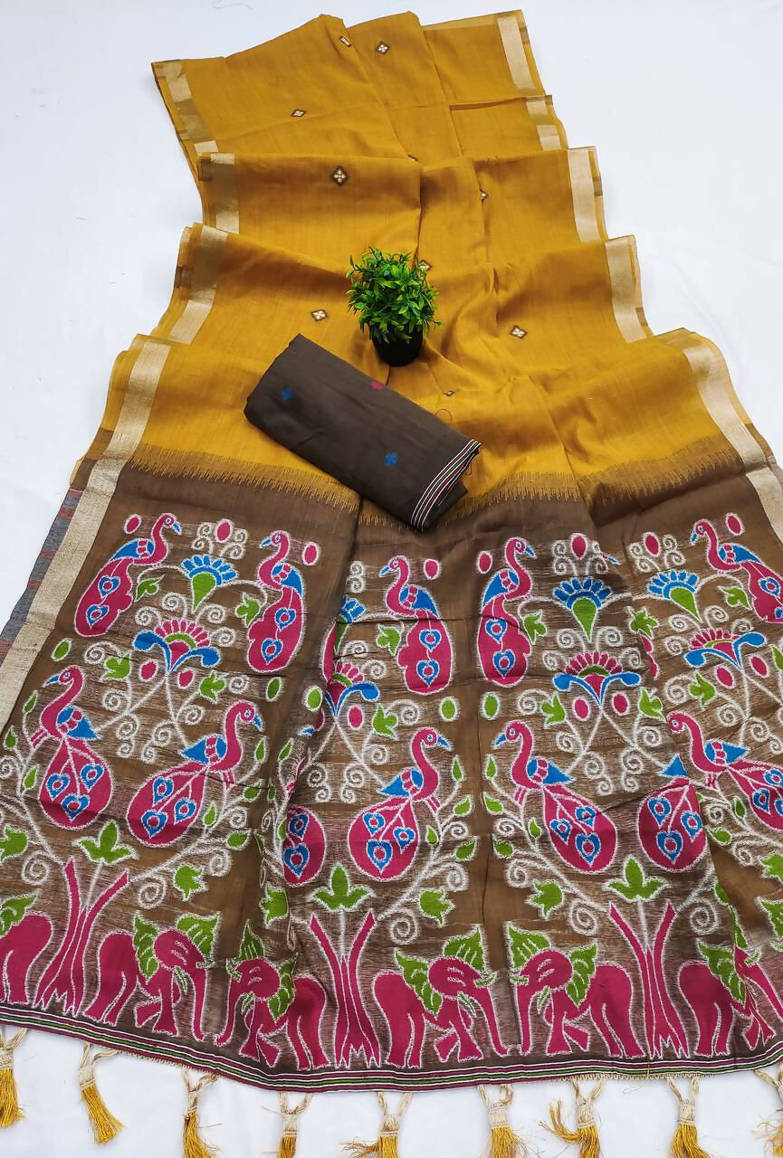 Vastranavya Yellow Muga Cotton Meenakari & Azarakh Pallu Saree with Contrast Blouse - Distacart