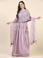 Purple Silk Embroidered Poncho Pattern Top & Lehenga with Dupatta - Tanya