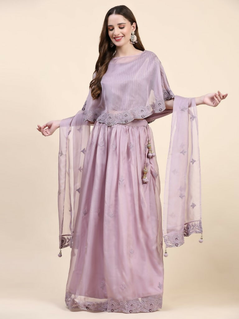 Purple Silk Embroidered Poncho Pattern Top & Lehenga with Dupatta - Tanya