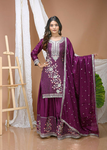 Teeya Creation Wine Color Chinon Silk Wedding Wear Trending Palazzo Set