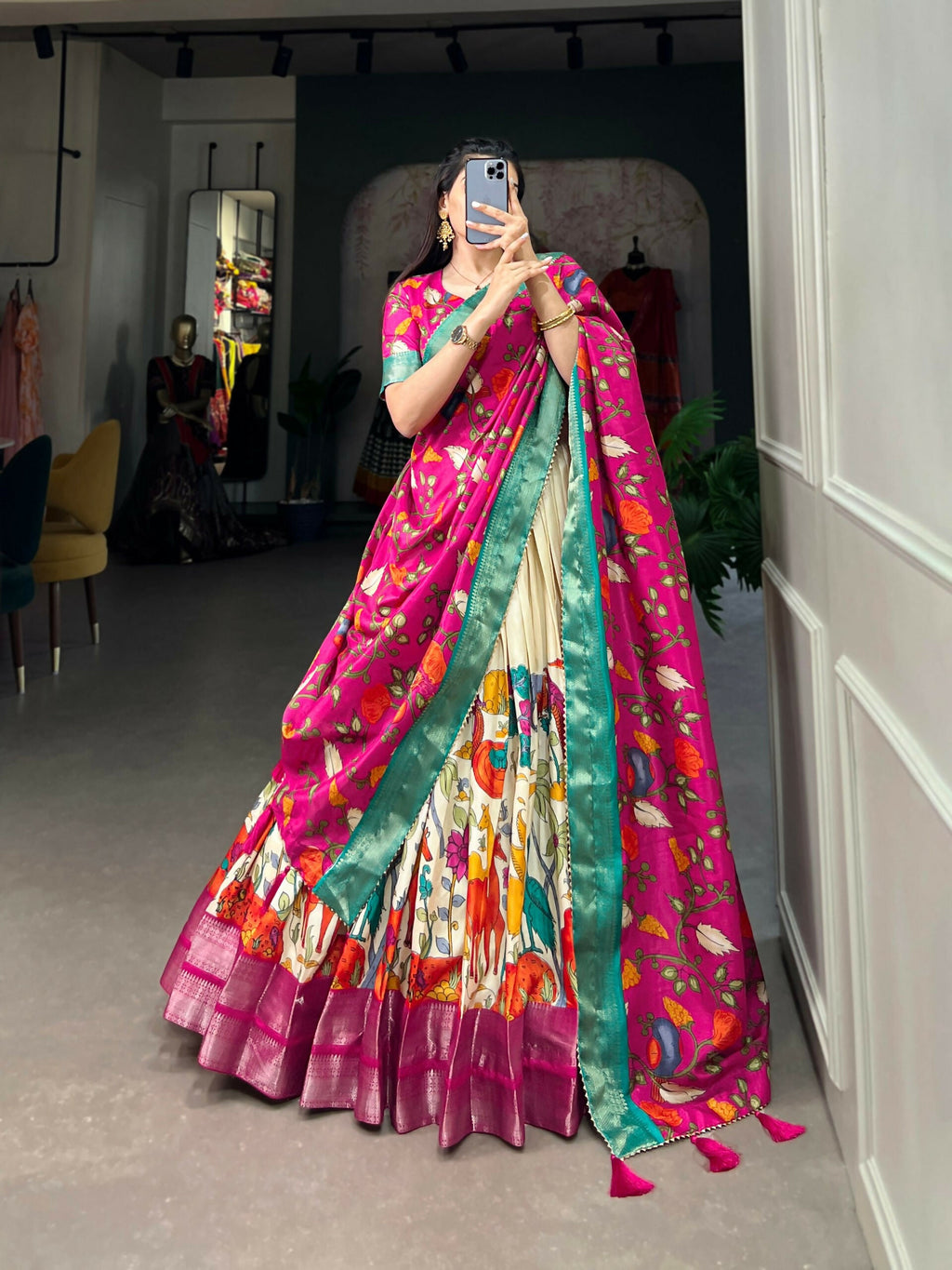 Vastranavya Kalamkari Printed Dola Silk Lehenga Choli - White