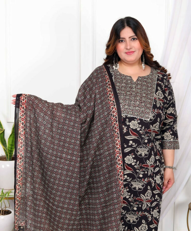 Miravan Women's Plus Size Multi Colour Floral Printed Embroidery Yoke Design Kurta with Palazzo And Dupatta Set