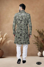 Joban Fashion Men's Green Straight Swed Velvet Thread & Sequence Embroidery All Over Indo-Western Kurta Set