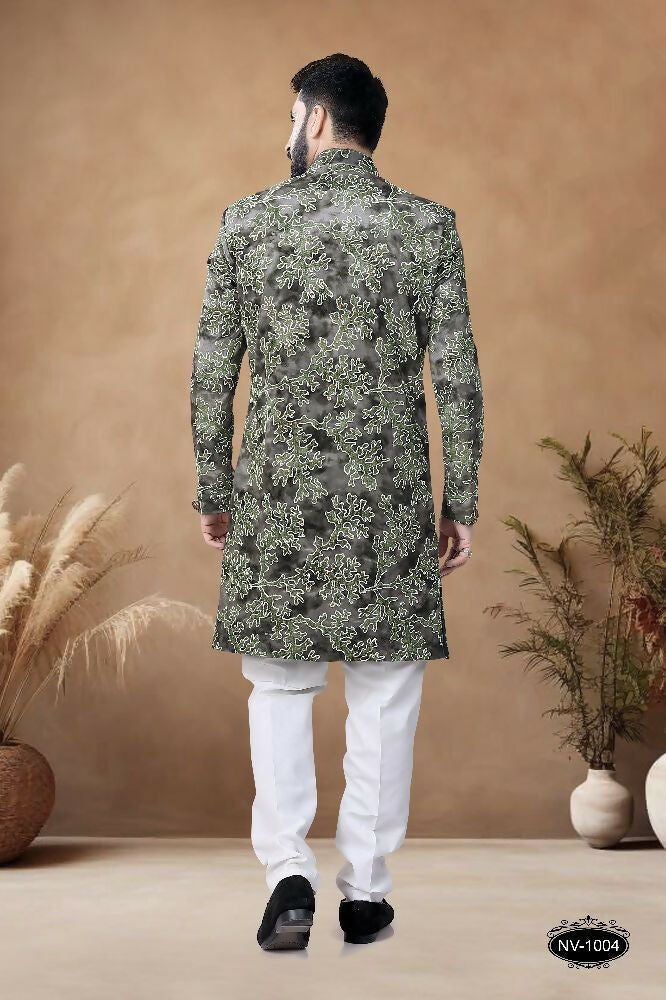 Joban Fashion Men's Green Straight Swed Velvet Thread & Sequence Embroidery All Over Indo-Western Kurta Set
